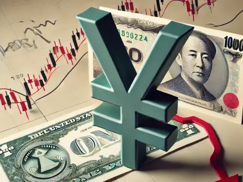 A simplified financial market scene representing the unwinding of the carry trade involving the Japanese yen. The background features a more minimal